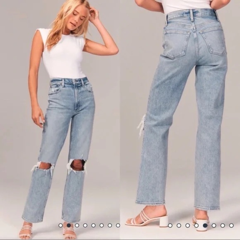 Abercrombie the 90s straight ultra high rise jeans distressed light wash